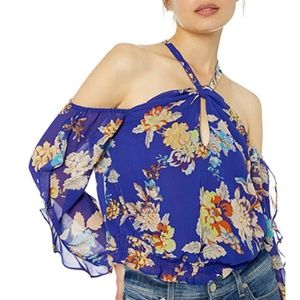 Guess Off Shoulder Blue Floral Twist Neck Top Boho
